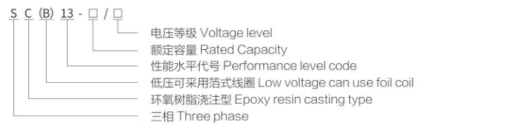 SC(B)13 epoxy resin cast dry-type transformer model meaning diagram, full breakdown of S C (B) 13 serial number definition for three phase low loss dry distribution transformer