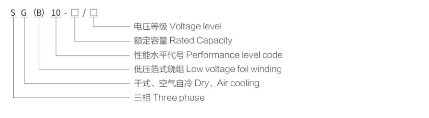 SG(B)10 dry type transformer model code meaning diagram, explain each letter symbol of SC(B)10 epoxy cast dry distribution transformer, three phase air cooling foil winding transformer parameter marking chart